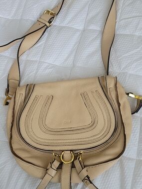 Chloe Beige Grained Leather Crossbody Marcie Saddle Bag